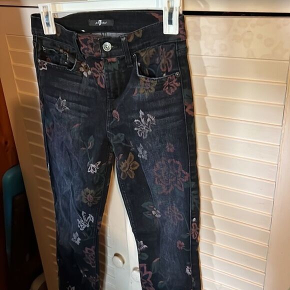 7 For All Mankind Dark Rinse Roxanne Ankle Raw Hem Floral Skinny Jeans 26 - Picture 3 of 8